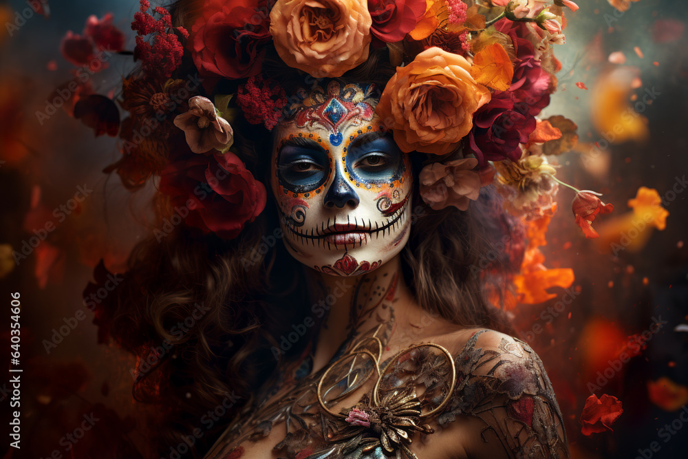 Sugar skull with colorful flowers. Calavera Catrina. Dia de los muertos. Day of The Dead.