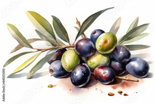 watercolor black olives on a branch