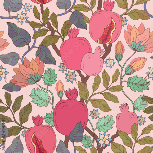 Pomegranate leaf and flowers pattern.
