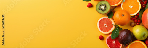 Colorful fruits on a yellow background, abstract background, copy space