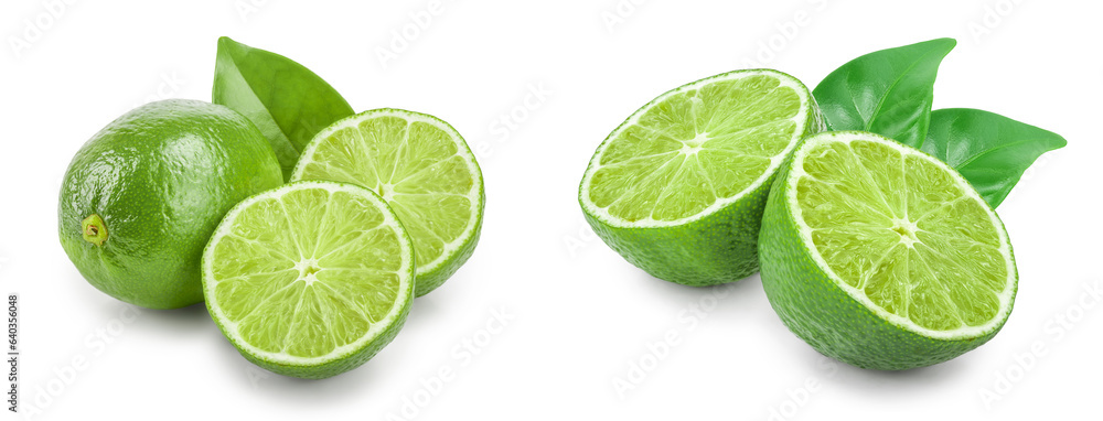 lime with half and leaf isolated on white background