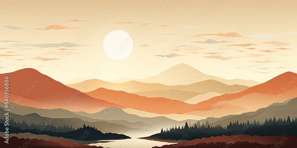 Mountain, hills, sun, moon landscape, Paper cut style, Flat abstract design illustration