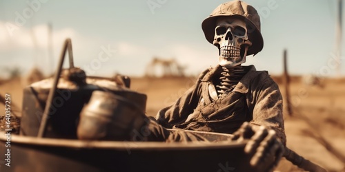 Skeleton in Oil Worker Attire Sits on an Oil Barrel Amid Polluted Landscape. A Solemn Reminder of Environmental Pollution and its Devastating Consequence