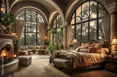 interior of a house bed room with large french style windows © Bhagi's DesignStudio