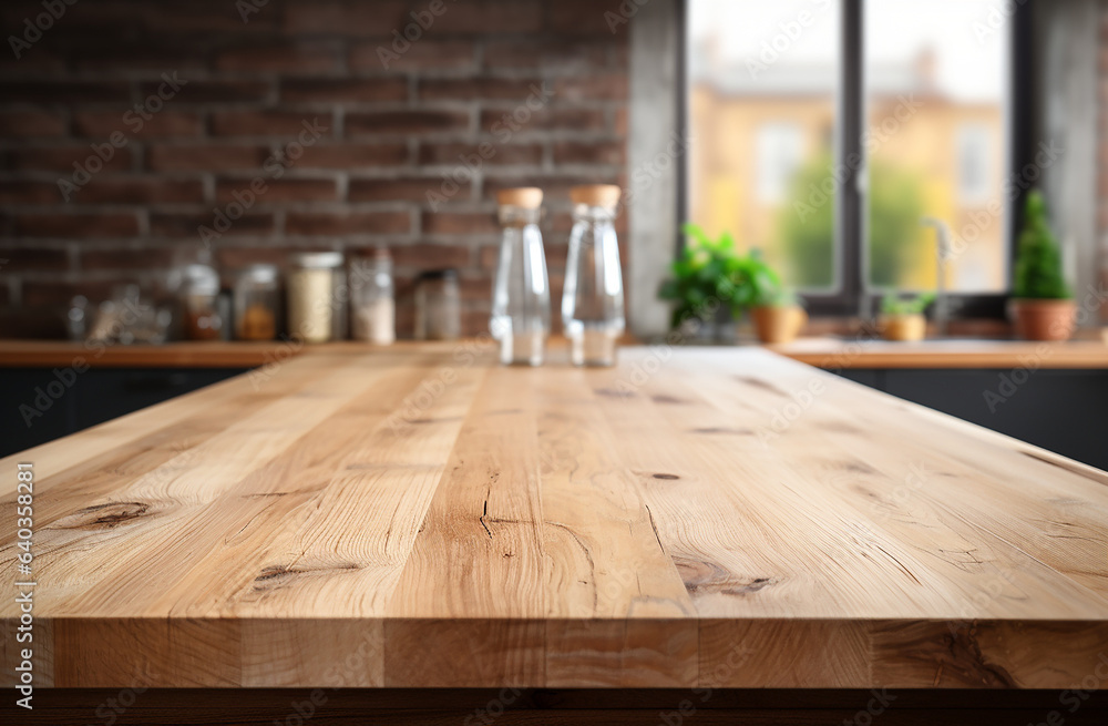 A modern kitchen interior with a wooden table and brick wall. A modern kitchen interior with a wooden table and brick wall.
