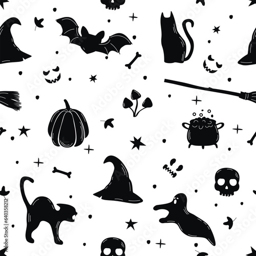 Halloween silhouettes seamless pattern.Pumpkin,cats, ghost, potion, broom, witch hat, mushrooms, bat and skull.Black color objects on a white background.Vector endless wallpaper with doodle elements.
