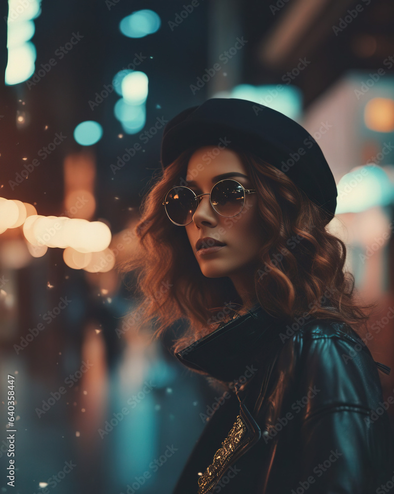 A girl dressed in casual clothes is standing on the street against the backdrop of blurry lights of the evening city. Evening romantic city shot in 80s retro style.