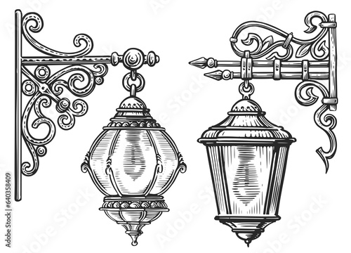 Wall old street lamp in engraving style. Vintage lantern sketch illustration