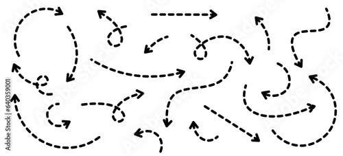 Set of black dotted arrows in doodle style. Broken arrows in the form of a loop. Flow direction. Pointers to the wire, up, down. Curved line. Vector illustration.	