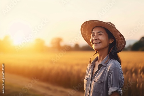 Woman indian farmer sunset. Generate Ai