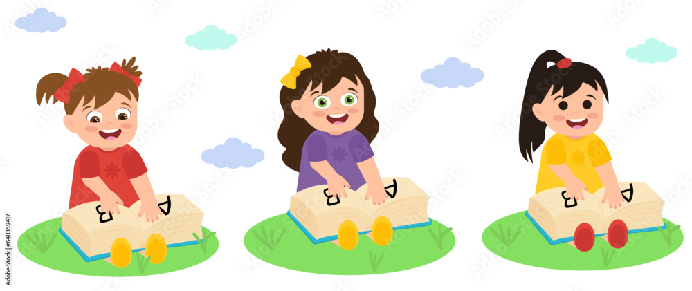 Girls with textbook sitting on the grass in cartoon style, cute girls illustration Girls with textbook sitting on the grass in cartoon style, cute girls illustration