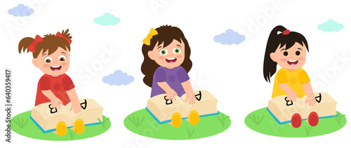 Girls with textbook sitting on the grass in cartoon style, cute girls illustration
