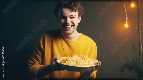 Fototapeta Naklejka Na Ścianę i Meble -  Smiling guy with with hot mac n cheese plate