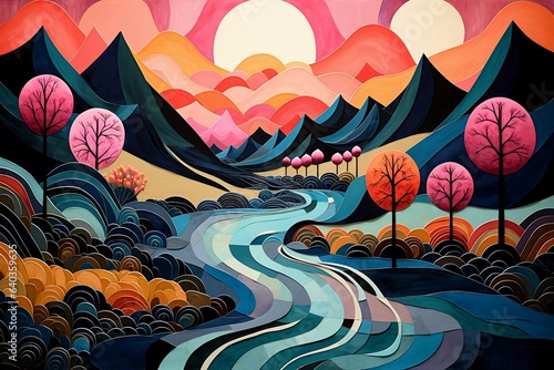 Autumn landscape with mountains and river. Digital illustration. Created with generative AI technology.