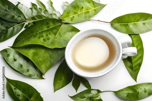 cup of tea with leaves on white 