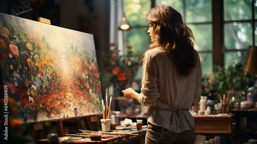 Interior of the painting studio of a freelance artist. Gypsum head, brushes, pencils, ink and paint bottles with sketchbooks on the table. Freelance artist lifestyle concept