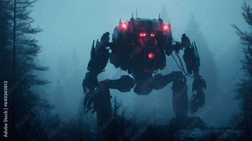 A huge creepy war machine robot with big red eyes glows, pointing skyward in the middle of the forest. Generative AI