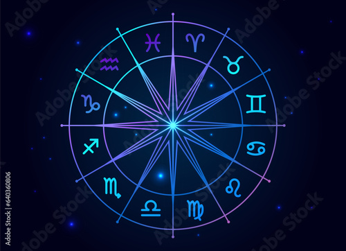 Astrology horoscope circle with zodiac signs vector background. Wheel with zodiac signs Aries, Taurus, Gemini, Cancer, Leo, Virgo, Libra, Scorpio, Sagittarius, Capricorn, Aquarius and Pisces