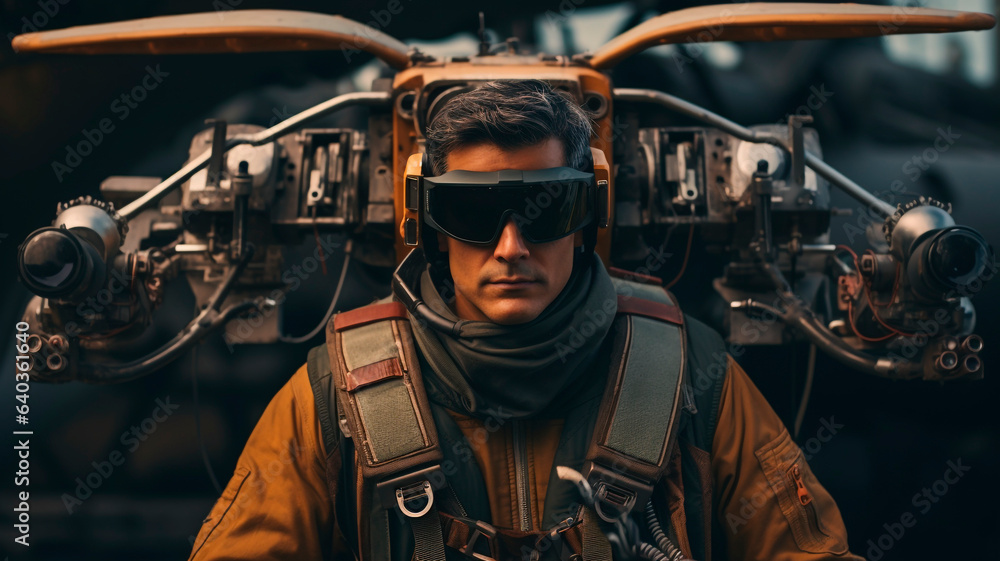 Drone and operator with goggles and control equipment, illustration of modern technology, Generative AI Drone and operator with goggles and control equipment, illustration of modern technology, Generative AI