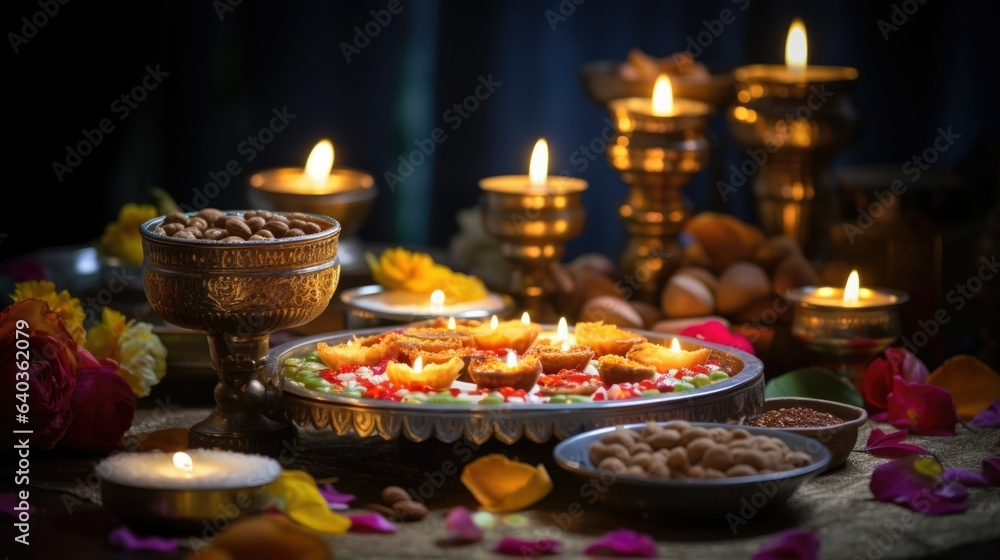 Diyas of various forms illuminate table with snacks and decorative flower petals. Traditional meal by candlelight in oil lamps. Traditional religious Hindu dinner in darkened premise