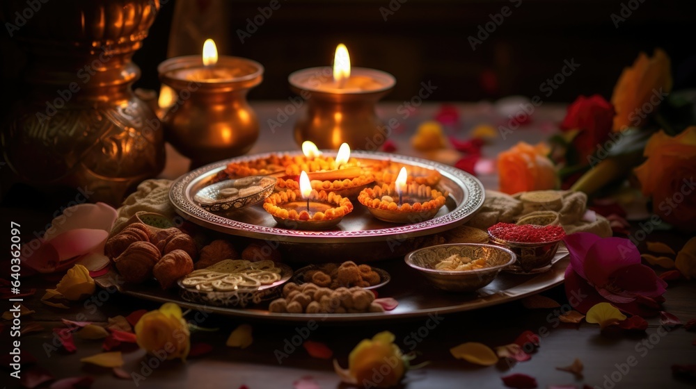 Shiny diyas with bright burning flame on table decorated with roses petals. Cozy serving for celebrating Hindu holiday. Delicious fresh nuts and sauces for traditional meal in dark room