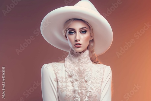 Valokuvatapetti Woman white costume hat. Generate Ai
