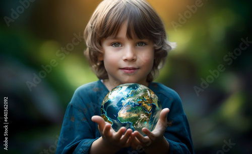 A child holds the Earth. World Earth Day. Green Energy, ESG, Environmental. Renewable and Sustainable Resources. Environmental and Ecology Care. AI generated