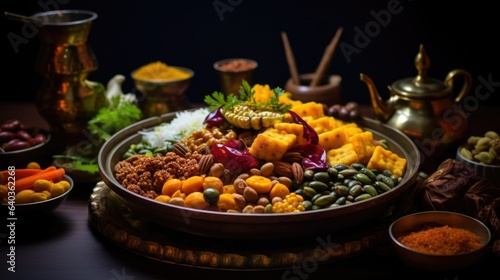 Large plate with dried fruits, nuts and pieces of tofu on table in dark room. Traditional Indian food with spices and fresh vegetables. Setting of holiday table on blurred background