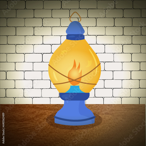 blue kerosene lamp on brick background at night in cartoon style
