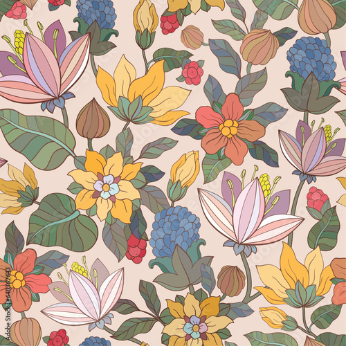Blooming meadow seamless pattern. Plant background