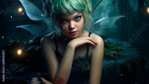 Tinker Bell fairy horror style creepy realistic portrait. Generative AI