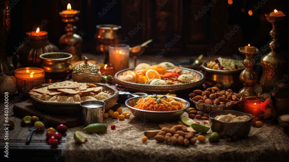 Diwali festive table with fresh fruits and nuts in metal plates. Traditional Indian food on wooden table with light lace tablecloth. Dark room with warm flickering light of candles and diyas