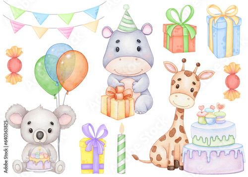 Watercolor clipart cute animals for birthday party © ekkoss