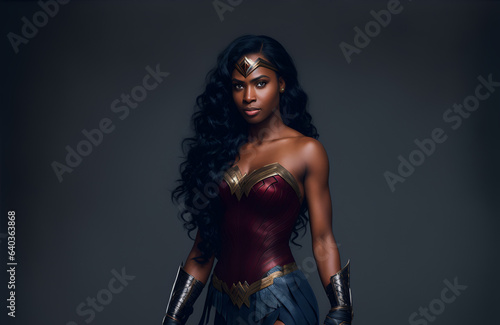 Beautiful black woman wearing a powerful amazon warrior costume © Gaston