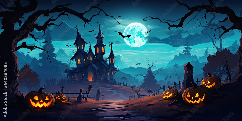 halloween background with pumpkin, jack o lantern and bats