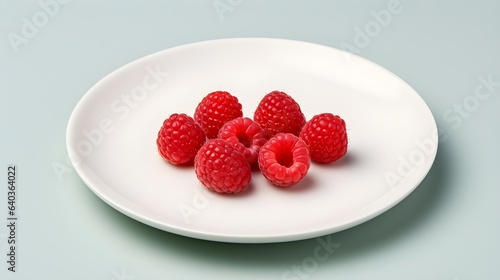 Raspberries on a plate. Minimal pastel background.