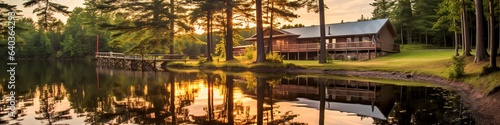 Panoramic view of the wooden house on the lake at sunset