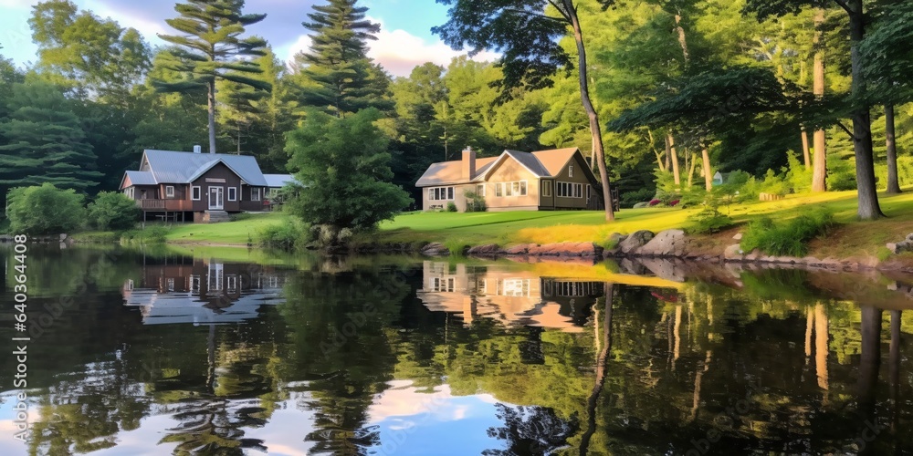 A panorama of a lake surrounded by trees and houses with reflection