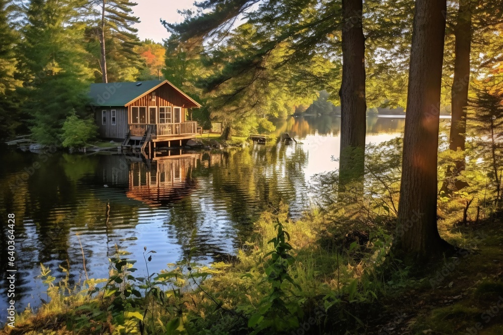 Autumn lake landscape with a wooden house in the forest, Finland