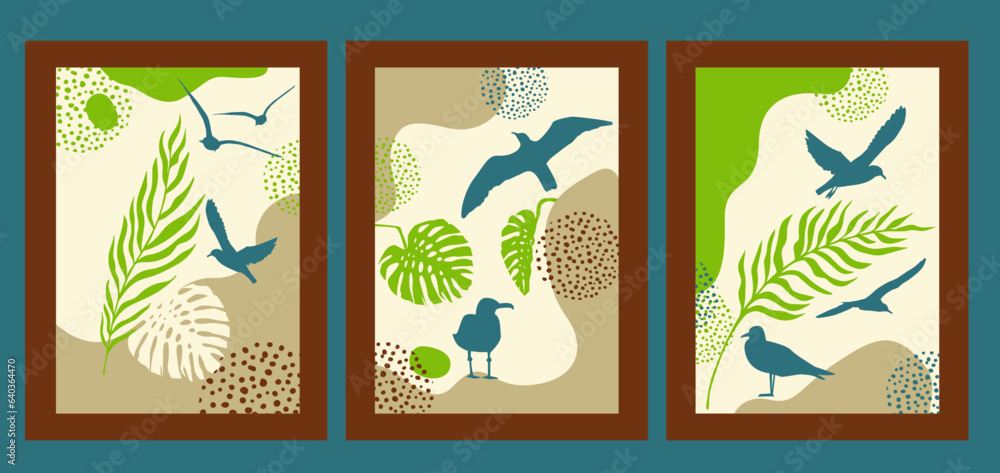 Set of modern illustration painting with palm leaves and seagulls. Vector illustration