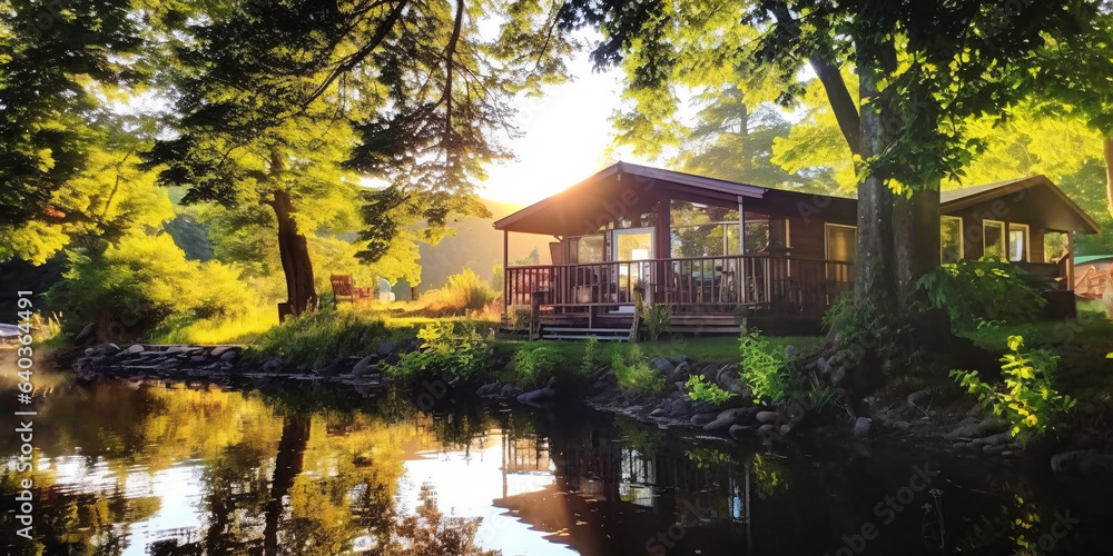 Fototapeta premium Wooden house on the bank of the river in the forest.
