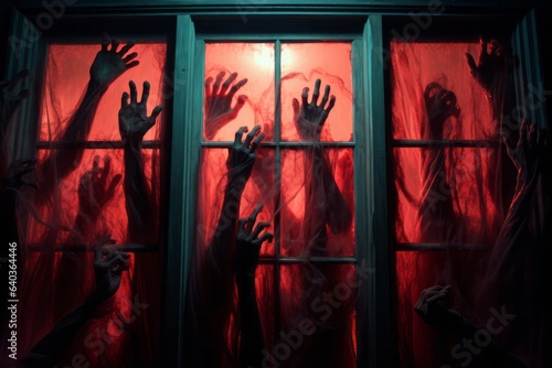Spooky many zombie hands outside the window, red glowing light. Halloween or horror movie concept. © Denis