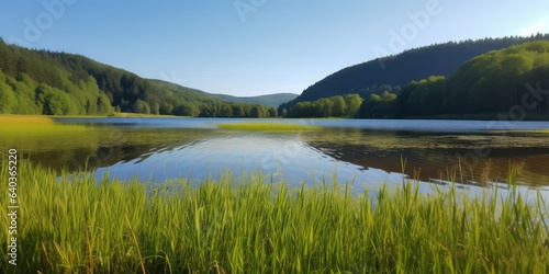 Lake with Green Reeds Amidst Serene Green Hills. Forested Tranquility Paints a Summer SceneCreating a Captivating Natural Wonderland
