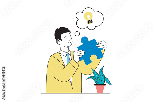 Brainstorming concept with people scene in flat web design. Man solving puzzle, thinking and inspiring, generating ideas and solutions. Vector illustration for social media banner, marketing material.