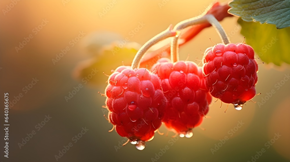 Fototapeta premium Close up raspberry berries plant. Organic blurred summer background with sunlight and copy space.