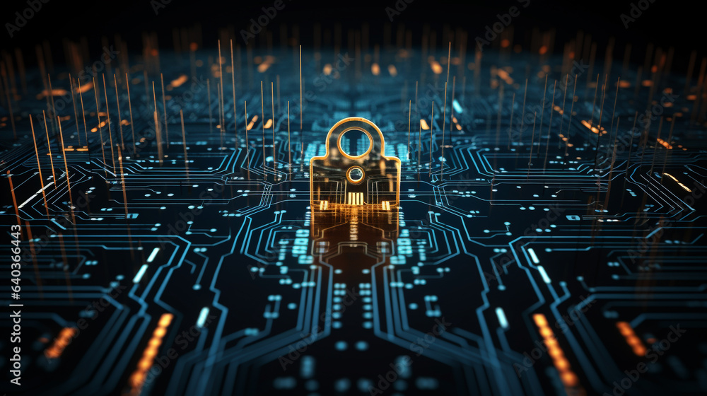 Digital Fortress: Cybersecurity Circuitry Intersecting with Quantum Encryption for Ultimate Data Privacy – 3D Render - obrazy, fototapety, plakaty 