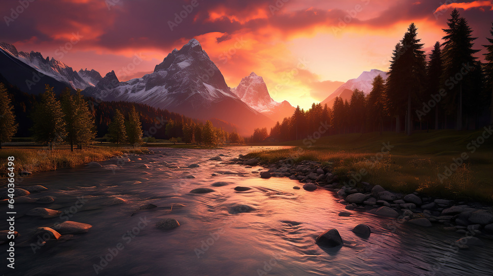 Beautiful landscape with high river and red sunlight in sunrise. Created with Generative AI