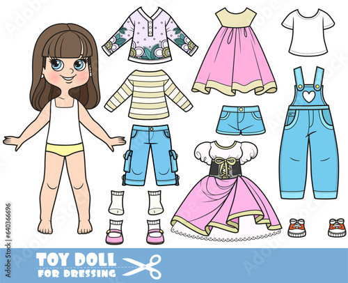 Cartoon brunette girl  and clothes separately -   dirndl, dresses, long sleeves, shirts, jeans and sneakers doll for dressing