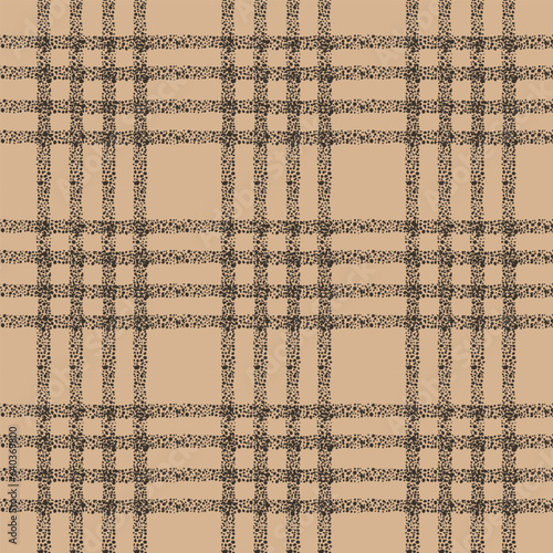 Classic plaid endless pattern of thin textured stripes on earthy beige backdrop. Casual hand drawn grainy grid surface design for fabrics
