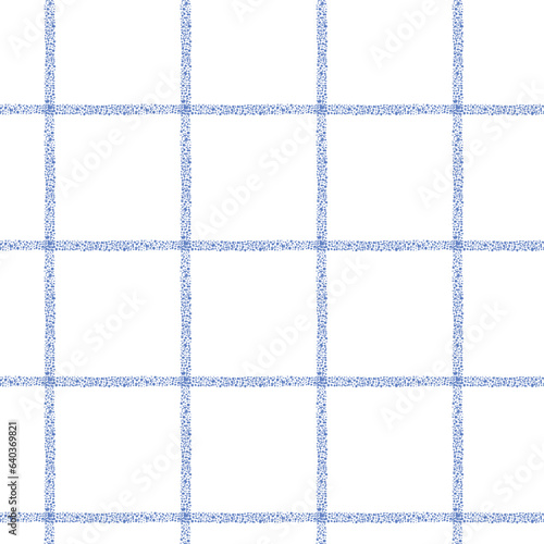 Simple checkered seamless pattern of single thin textured blue stripes on white backdrop. Hand drawn big square textured grid surface design for fabrics
